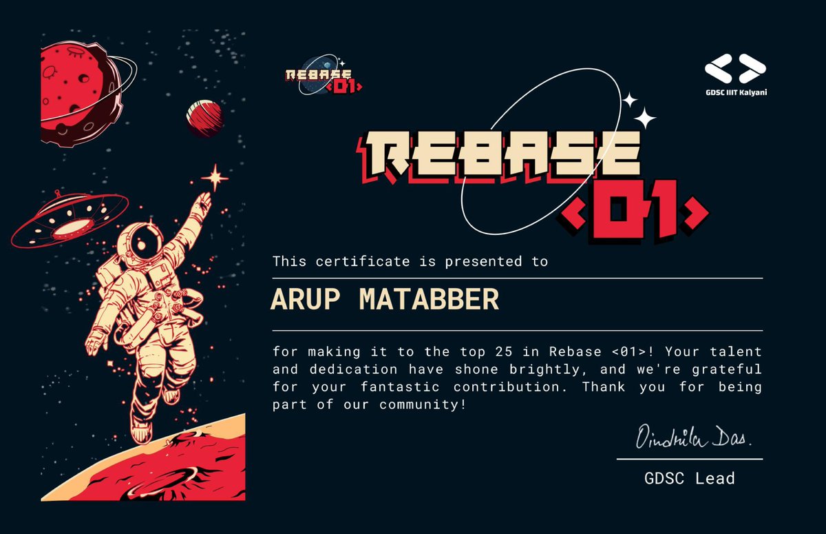 Excited to announce that more than two months ago, I dove into the <a href="/Rebase_01/">Rebase-01</a> a month-long online hackathon organized by <a href="/gdsciiitkalyani/">GDG On Campus - IIIT Kalyani</a> . Along with my team Anipriyo Mandal, <a href="/enthusiasticodr/">EnthusiastiCoder</a> , <a href="/patra_ronita/">Ronita Patra</a> . Among the 100+ teams , we secured our position in Top-25 finalists 🎉
