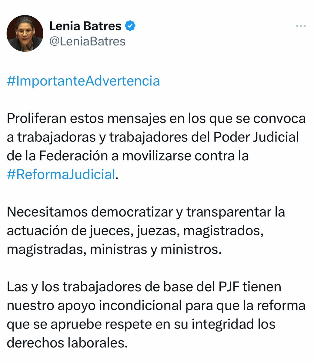 azucenau's tweet image. Ante un llamado a trabajadores del Poder Judicial a una concentración en torno al tema de la #ReformaDelPoderJudicial, la ministra Lenia Batres asegura que los trabajadores de base tienen su apoyo para que la reforma que se apruebe respete sus derechos laborales