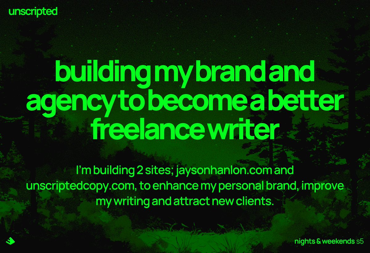 alright,  its going up now...

Here what I'm building and want to do for the next 6 weeks with <a href="/_buildspace/">buildspace</a> <a href="/_nightsweekends/">nights & weekends</a> 

My own personal brand and my copywriting business Unscripted Copy.  I want to enhance my personal brand, improve my writing and attract new clients! 🧱