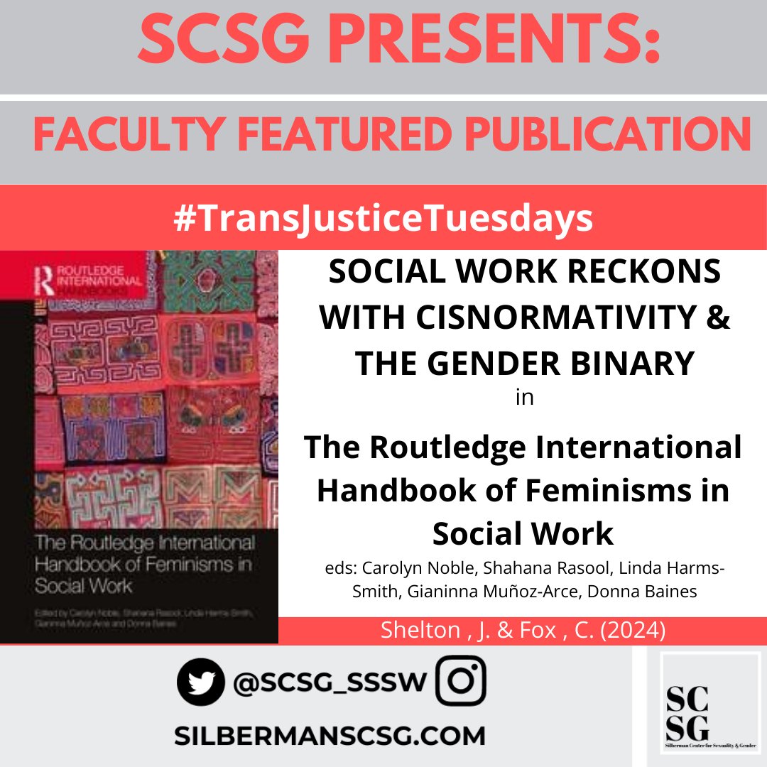 Silberman Center for Sexuality and Gender (@scsg_sssw) on Twitter photo It's #TransJusticeTuesdays & we're pleased to share a new pub by <a href="/PagingDrJama/">Jama Shelton (@pagingdrjama.bsky.social)</a> & <a href="/silbermanssw/">Silberman School of Social Work at Hunter College</a> alum Courtney Fox <a href="/routledgebooks/">Routledge Books</a> #SocialWorkers4TransJustice It's #TransJusticeTuesdays & we're pleased to share a new pub by <a href="/PagingDrJama/">Jama Shelton (@pagingdrjama.bsky.social)</a> & <a href="/silbermanssw/">Silberman School of Social Work at Hunter College</a> alum Courtney Fox <a href="/routledgebooks/">Routledge Books</a> #SocialWorkers4TransJustice