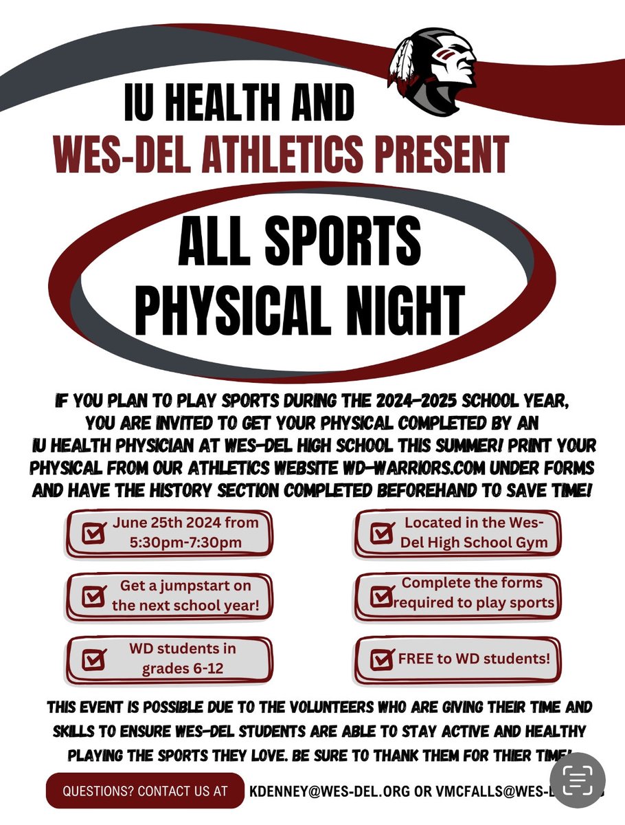 Warrior baseball guys please make plans and take advantage of getting your physical for this year tomorrow night at WD 5:30 to 7:30 correct FREE!