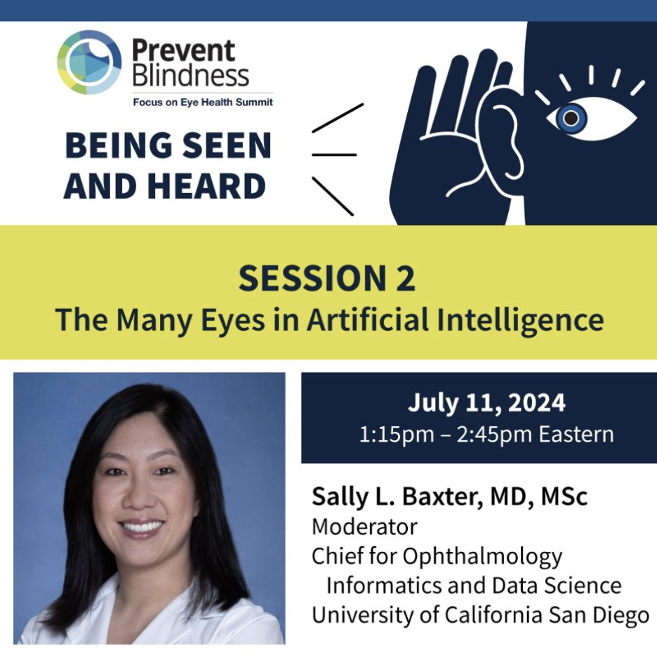 Sally Baxter (@sallyliubaxter) on Twitter photo Join me as I moderate the discussion, “The Many Eyes in Artificial Intelligence” at the 2024 @PBA_SavingSight #EyeSummit! Register at: preventblindness.org/eyesummit Join me as I moderate the discussion, “The Many Eyes in Artificial Intelligence” at the 2024 @PBA_SavingSight #EyeSummit! Register at: preventblindness.org/eyesummit