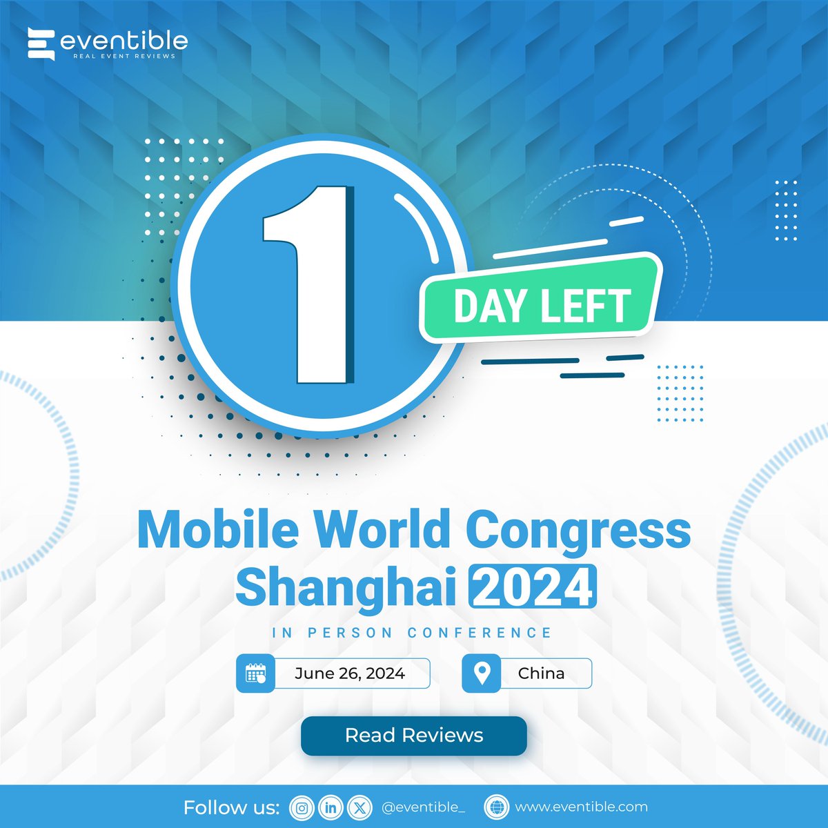 Eventible_'s tweet photo. 0️⃣1️⃣ day to go for Mobile World Congress (MWC) Shanghai 2024!
@MWCHub
🌐Read reviews - https://t.co/y1rcYreJQj
#EventCountdown #B2BEvents #MWC24 #ITEvents #EventReviews #Eventible https://t.co/1tW0iGNCMv