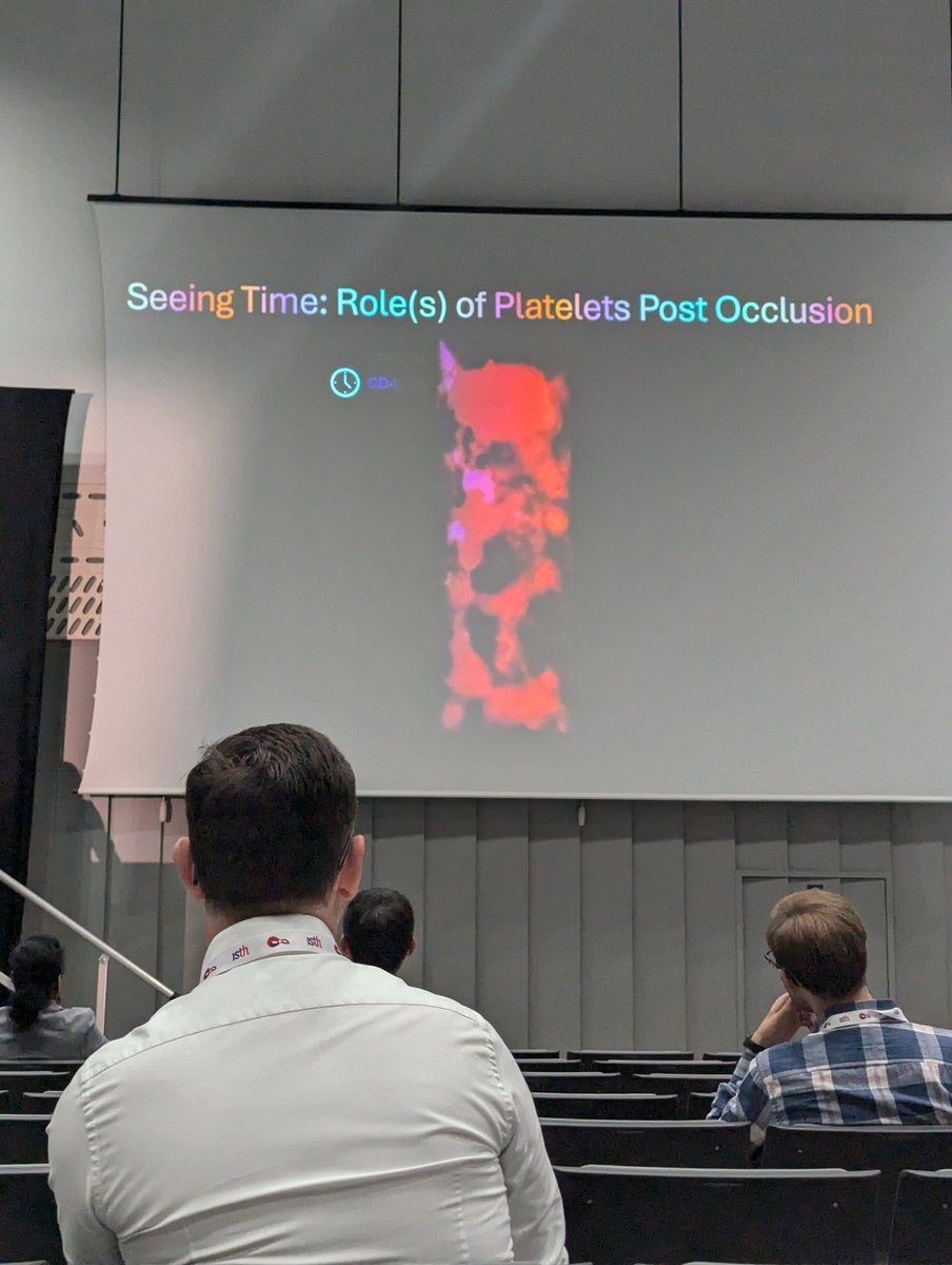 <a href="/SMSheaLab/">Susan Shea</a> sharing some awesome new work from her lab - props to <a href="/RonitKar_/">Ronit "Papai" Kar</a> &amp; <a href="/EmilyMihalko/">Emily Mihalko</a> - on post-occlusion thrombus remodeling over time at the Mechanisms of Thrombus Formation SOA this morning! #ISTH2024 pardon the rainbow interpretation by my photo skills 🤣