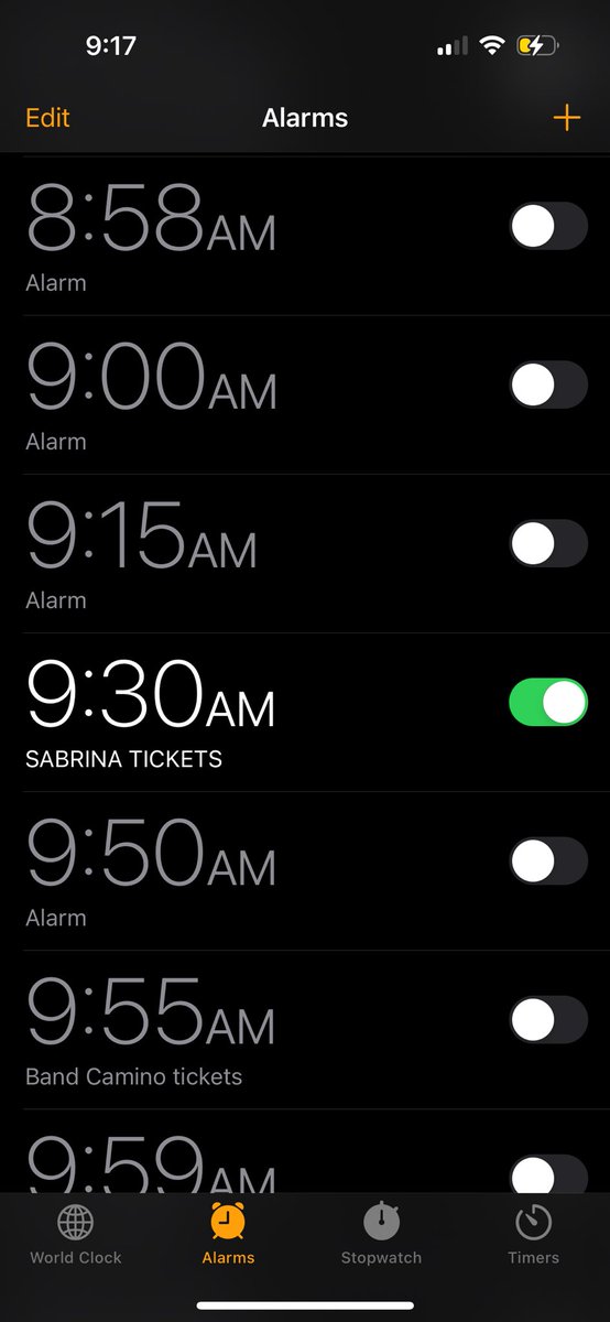 SavannahPurcell's tweet photo. Went to set an alarm to get Sabrina tickets tomorrow and I swear to god the title of the alarm already said this. Guess I never deleted it from last tour. The song is also set to nonsense. That’s a sign things will go my way right??? https://t.co/BLnBiivzGx