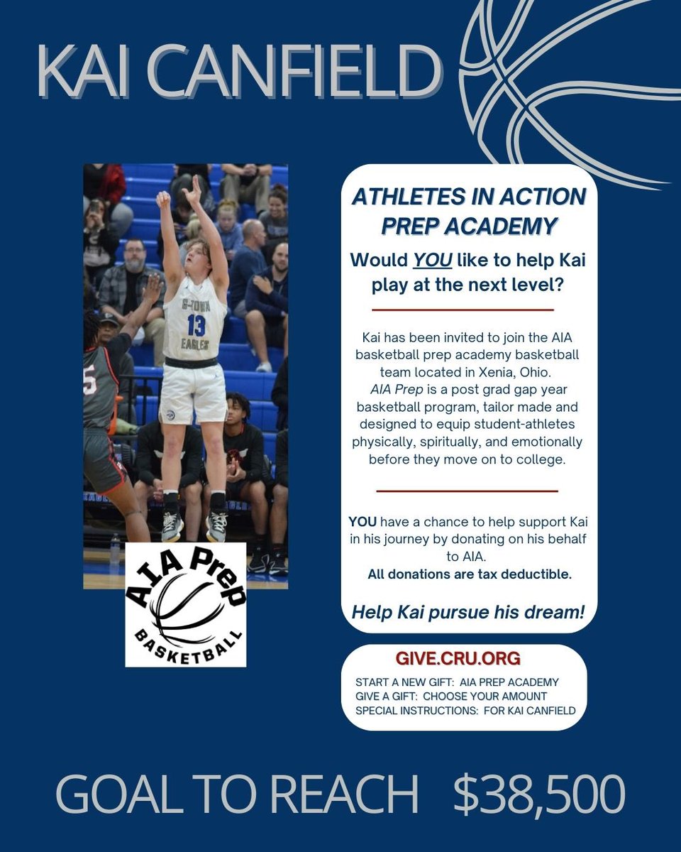 CoachCanfield's tweet image. I’m excited for Kai’s future!  He has accepted a spot at Athletes in Action Prep Academy!

He has worked hard to earn this opportunity and YOU can play a role!

Please prayerfully consider giving a tax deductible gift towards Kai’s AIA experience. 

give.cru.org/1132948