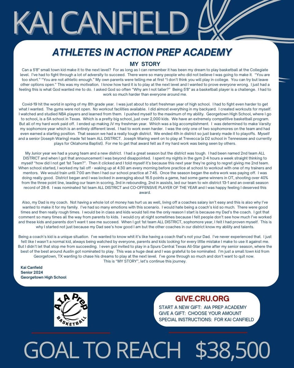 CoachCanfield's tweet image. I’m excited for Kai’s future!  He has accepted a spot at Athletes in Action Prep Academy!

He has worked hard to earn this opportunity and YOU can play a role!

Please prayerfully consider giving a tax deductible gift towards Kai’s AIA experience. 

give.cru.org/1132948