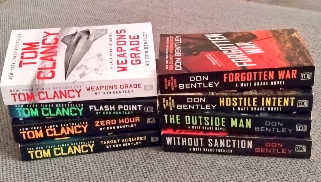 SteveMichAlmo09's tweet photo. Some of my favorites from my shelf is this stack of 8 books by @bentleydonb! He's achieved a lot in the last 4 yrs since #WithoutSanction came out and it's impressive how far he's come! He's only getting started! I'm now reading #TomClancy #WeaponsGrade and I can't put it down!! https://t.co/8Ve0wNTiBs