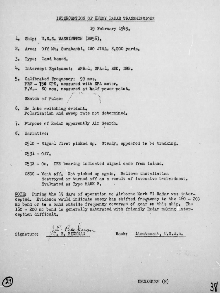 Rich_Ships's tweet photo. Interesting report on the interception of a Japanese land-based radar on Iwo Jima by USS Washington (BB 56)
Time to research the equipment mentioned: APR-1, SPA-1; RDK; DBB
From #BB56 action report of the bombardment of Iwo Jima on 19-22 Feb 1945
#USSWashington https://t.co/OjutMZbYg8