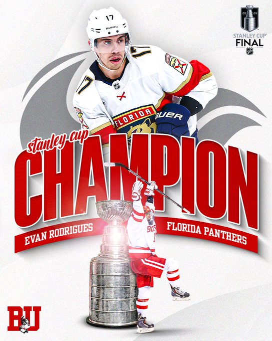 Evan Rodrigues Stanley Cup champion graphic featuring photo of Cup and Evan playing for Florida and BU.