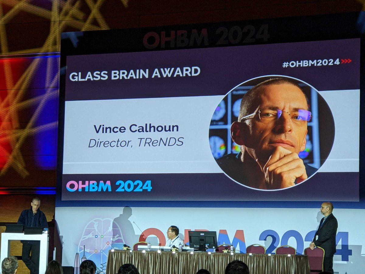 Honored and proud of our founding director <a href="/vdcalhoun/">Vince Calhoun @vcalhoun.bsky.social</a> for receiving the #OHBM2024 Glass Brain🧠 Lifetime Achievement Award. 🥳👏👏🎉 Excited to see how far we have come and what the future holds <a href="/OHBM/">OHBM</a>