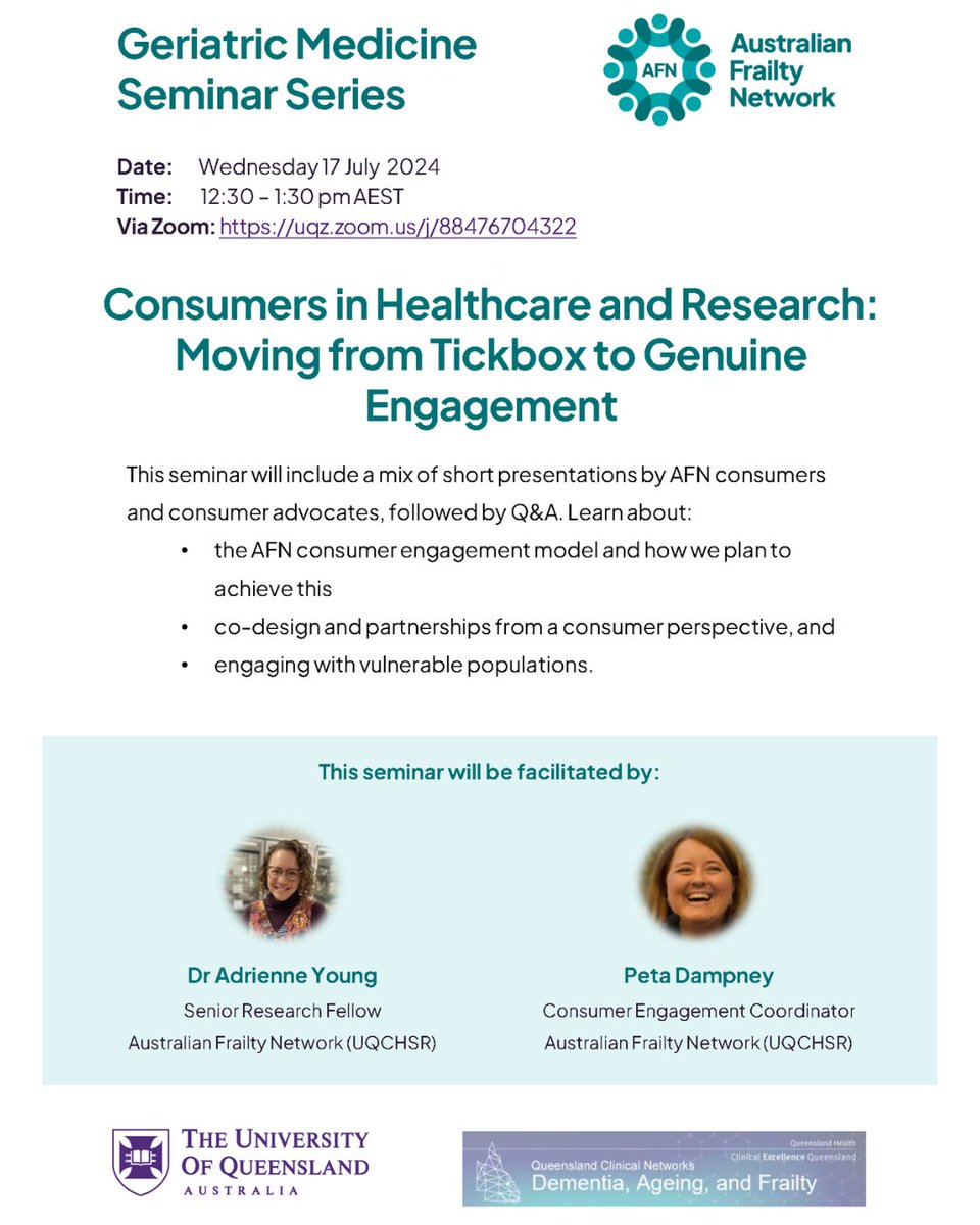 UQ Centre for Health Services Research (@uq_chsr) on Twitter photo A core principle of #CHSR's <a href="/AusFrailty/">Australian Frailty Network</a> is ensuring that all frailty-related initiatives are informed by the needs of older individuals, their families, and caregivers. Successful consumer engagement is key in achieving this. Calendarise seminar here: bit.ly/3KTF5f1 A core principle of #CHSR's <a href="/AusFrailty/">Australian Frailty Network</a> is ensuring that all frailty-related initiatives are informed by the needs of older individuals, their families, and caregivers. Successful consumer engagement is key in achieving this. Calendarise seminar here: bit.ly/3KTF5f1