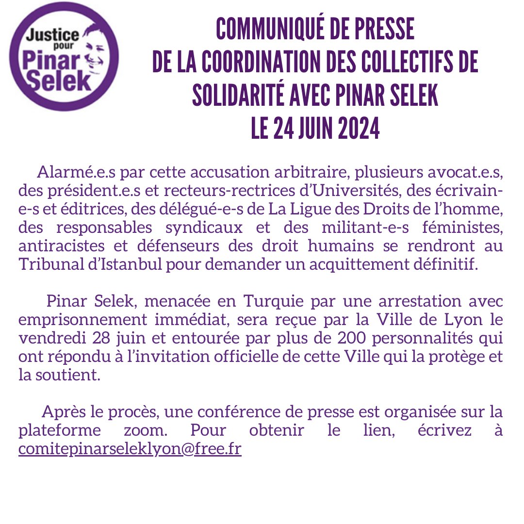 📢 Communiqué de la coordination des collectifs de solidarité avec <a href="/ComitePinar/">Comité de soutien @PınarSelek</a>, à l'approche du procès du 28 juin à Istanbul ! 
#justiceforpinarselek
#JusticePourPinarSelek