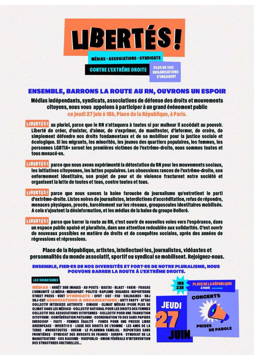 Grand rassemblement pour les libertés, demain 27 juin à Paris, à l'appel de médias indépendants, syndicats et organisations, dont l'UFISC. 
RDV Place de la République de 18h à 22h, pour des concerts et prises de parole. 
Ensemble, ouvrons un espoir !