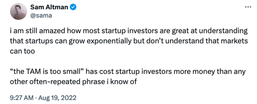 *New Post. On TAM or Total Addressable Market. My notes &amp; thoughts.*

TAM is the carpet under which the lazy VC buries his no’s. 
If you are a founder and get a pass from a VC who cites low TAM (Total Addressable Market) as a reason for passing, then be rest assured that in nine