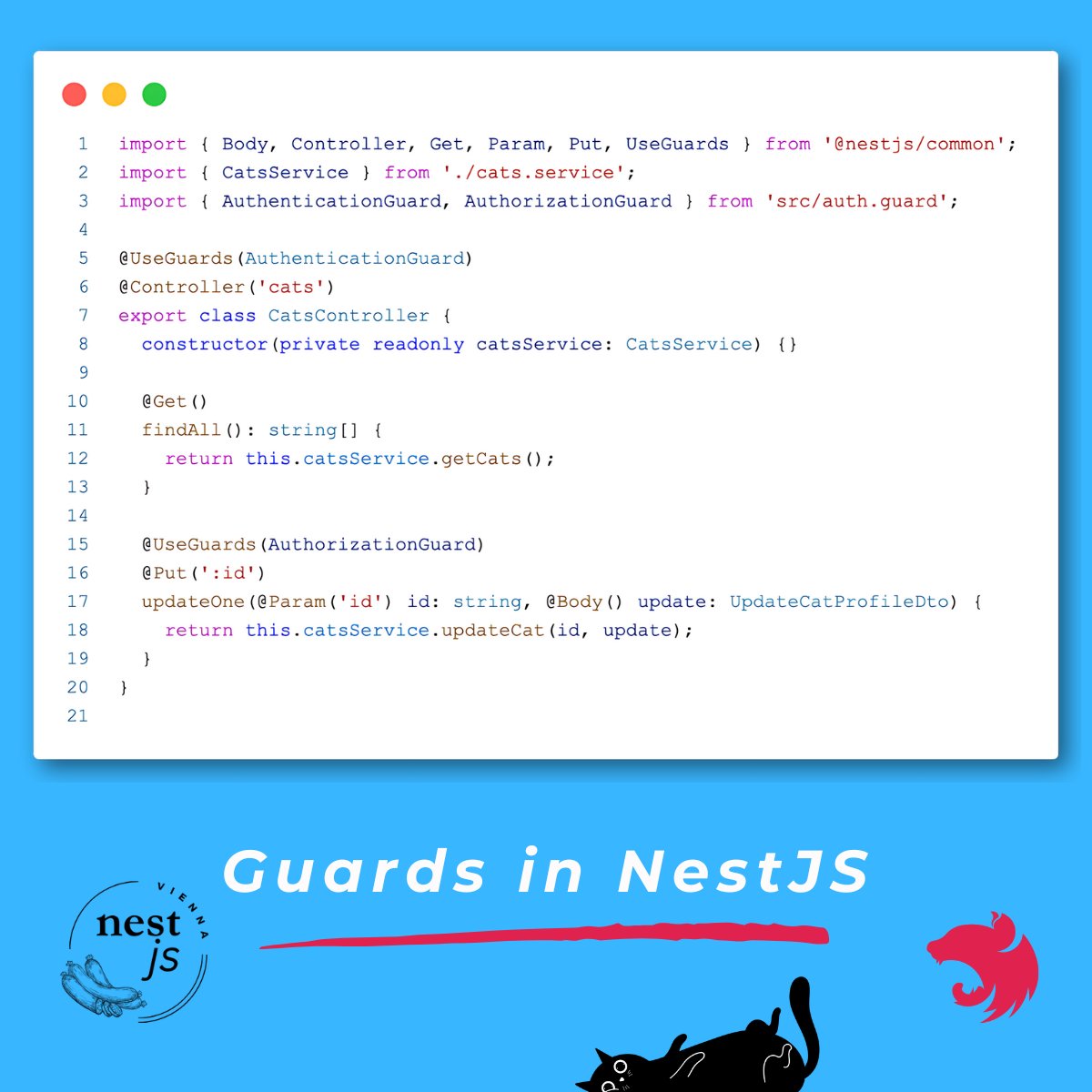 NestJSVienna's tweet photo. 🚀 In #NestJS, Guards determine if a request or message should be processed by Controllers.
🔒The AuthenticationGuard checks if the request is valid and is triggered for ALL methods.
After that, the AuthorizationGuard is triggered for the updateOne method.
#NodeJS #AuthN #AuthZ https://t.co/GtivG8aGpx