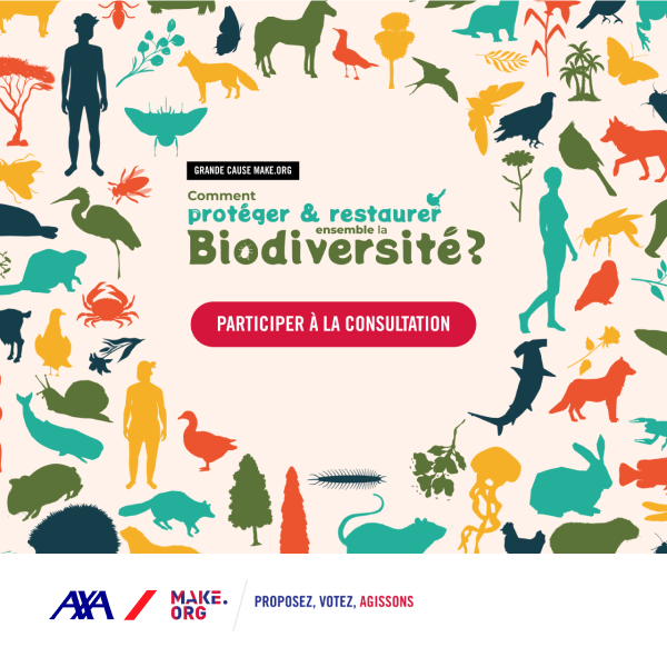 Nous avons besoin de vos idées pour protéger et restaurer la #biodiversité. <a href="/Make_org/">Make.org</a> lance une grande consultation citoyenne sur cet enjeu essentiel pour notre avenir. <a href="/AXA/">AXA</a> est le partenaire fondateur.

Prenez la parole sur 👉  about.make.org/gc-biodiversite

#agirpourlabiodiversite