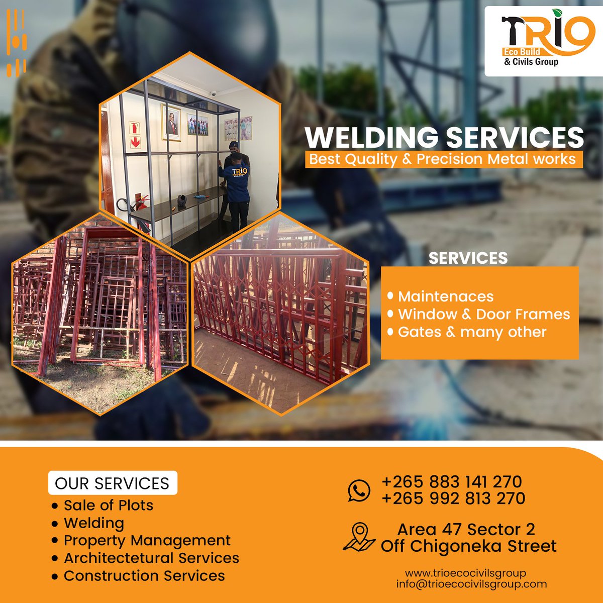 TrioEcobuild's tweet photo. Elevate your projects with our welding expertise.

Bridging gaps, Building futures.
Get the best quality and precision metal works.

For more info Contact us today on +265 883141270 /+265 992813270
#triocivils #welding #steelstrong #metalwork https://t.co/4Ac6nyWuTj