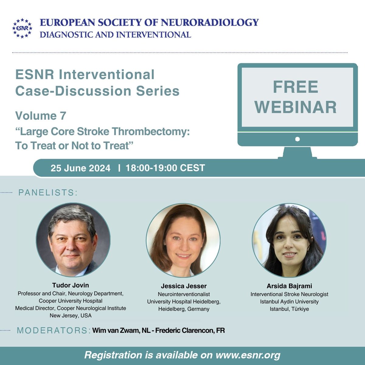 TODAY
ESNR Interventional Case-Discussion Series Volume 7: “Large Core Stroke thrombectomy: To Treat or Not to Treat”
📅 June 25th, 2024
🕐 18:00-19:00 CEST. 

Event link: esnr.org/event-details/…
#Neurorad #ThisIsESNR