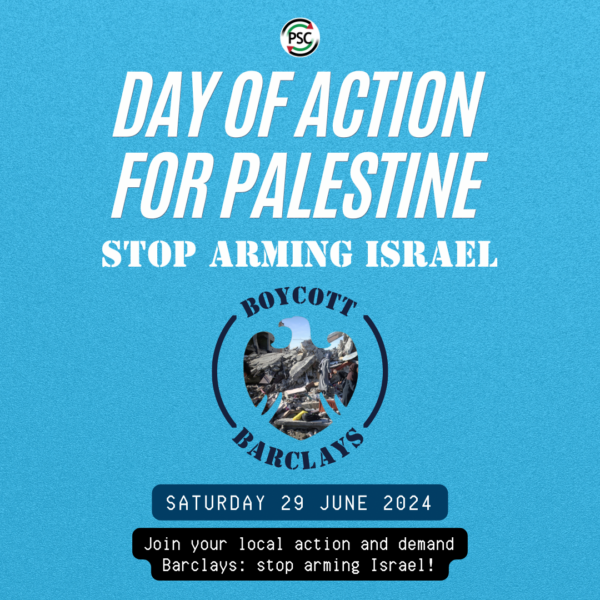 🚨 Day of Action for Palestine - Boycott Barclays
⏰ Sat, 29 June
📍 Your local area

<a href="/BarclaysUK/">Barclays UK</a> invests £2 billion+ in companies arming genocidal Israel. Join an action in your local area to tell Barclays #StopBankingonGenocide.

Find your action here: palestinecampaign.org/events/boycott…