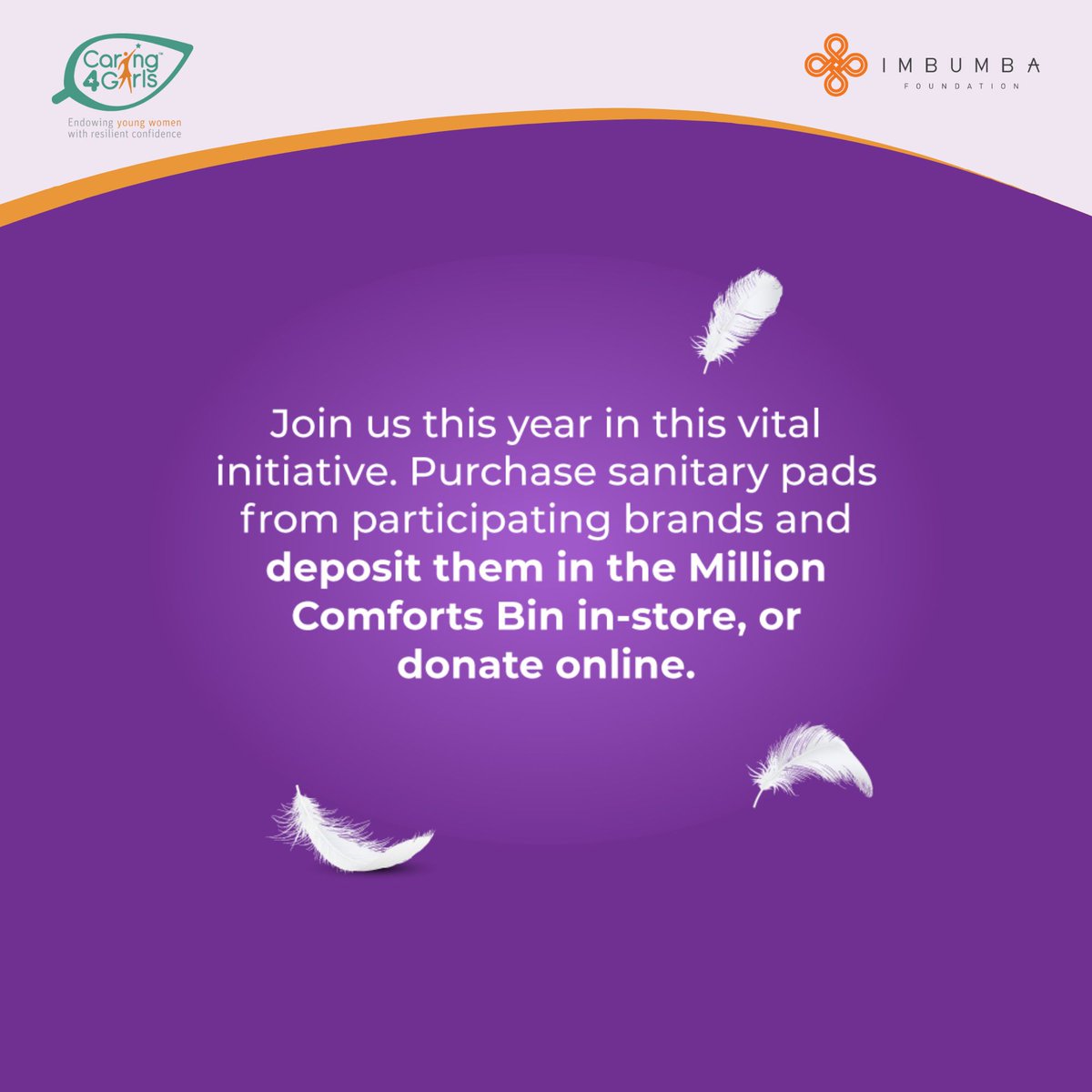 Caring4Girls's tweet photo. This year marks the 8th anniversary of the #MillionComforts campaign. To participate, buy any brand of pads and drop them inside the in-store Million Comforts bin. Together we can make a greater change. #KeepingTheGirlChildInSchool #BetterEducationStartsHere @Dischem https://t.co/dW2APRPMJC