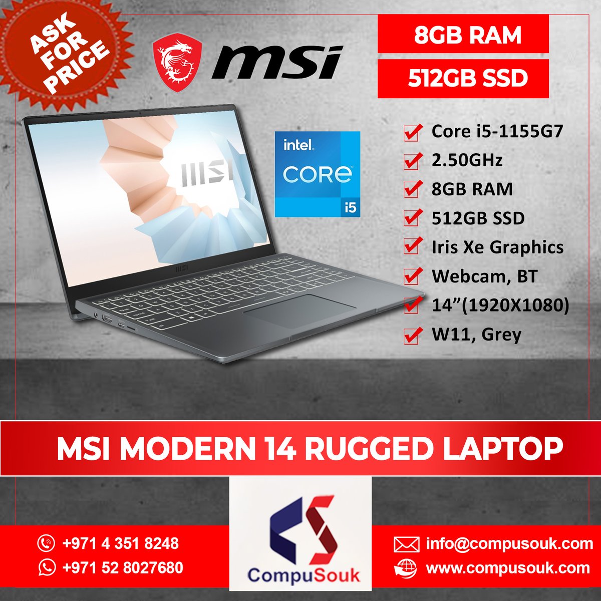 CompuSouk's tweet image. #MSI #Modern14 14" Rugged #GamingNotebook  - Core i5 1155G7 2.50GHz, 8GB, 512GB
Bulk Buy

Visit for more Deals compusouk.com/daily-deals/
#MSIruggedLaptop #MSIGamingLaptop #GamingLaptop #MSIModern14 #ComputerHardwaresales #Laptopdealers #HardwareWholesale #Laptopsupply #ITSupplies