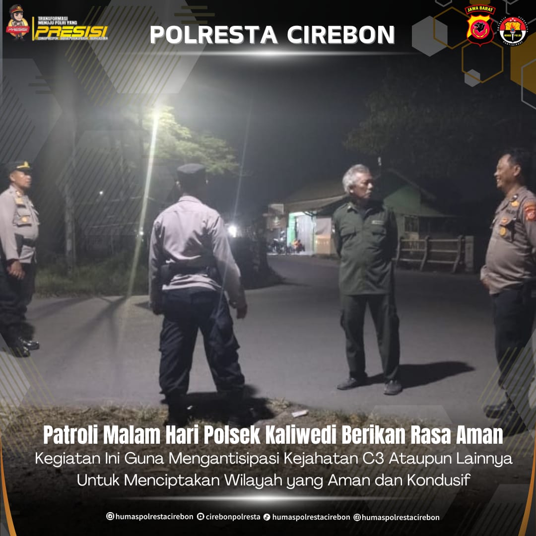 CirebonPolresta's tweet photo. Patroli Malam Hari Polsek Kaliwedi Berikan Rasa Aman.
#polrestacirebon #kapolrestacirebon #patrolidialogis #divisihumaspolri #polisi_indonesia #spripim.polri #humaspoldajabar https://t.co/yeqKehMjxa