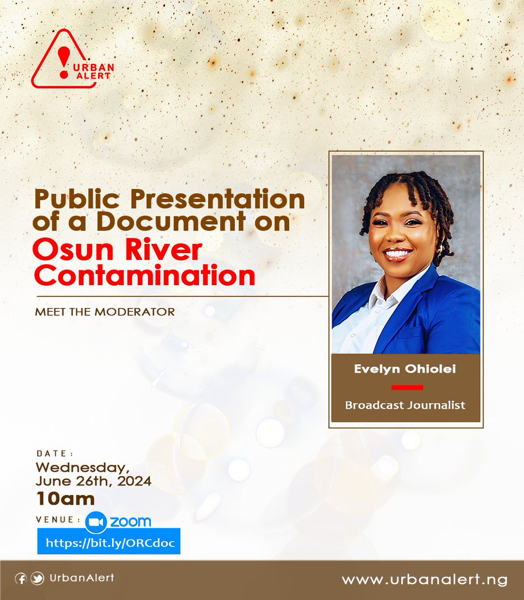 UrbanAlert's tweet photo. MEET THE MODERATOR

@kingeve_o, a seasoned broadcast journalist, will be moderating the public presentation of a document on Osun River Contamination tomorrow.

Time: 10am (WAT)
Venue: https://t.co/UzJnX7aTty

#SaveOsunRiver https://t.co/5IaQfwQ38E