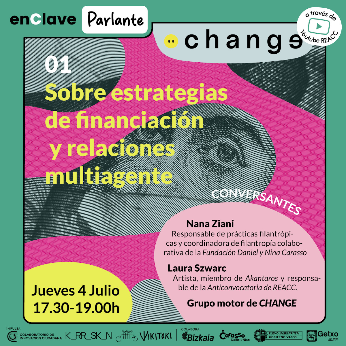 CHANGE Moneda de cambio.
Sobre dineros, recursos y capitales. Sobre estrategias de financiación y relaciones multiagente, buscando la viabilidad del abordar retos transformadores y el sostenimiento de procesos de cambio.
Jueves 4 de julio 17:30
reacc.org/change-moneda-…
#CHANGE_MdC