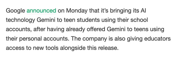 Google is bringing Gemini access to teens using their school accounts https://t.co/rNL0qKrgaF https://t