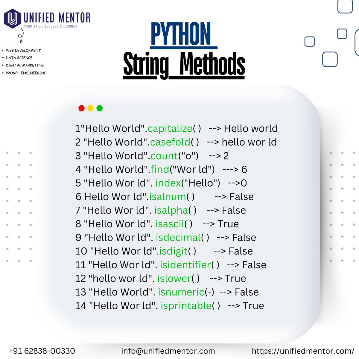 unifiedmentor's tweet image. Unlocking the power of Python strings with these essential methods! 🐍💻
.
.
#unifiedmentor #pythonprogramming #stringmethod #learntocode
