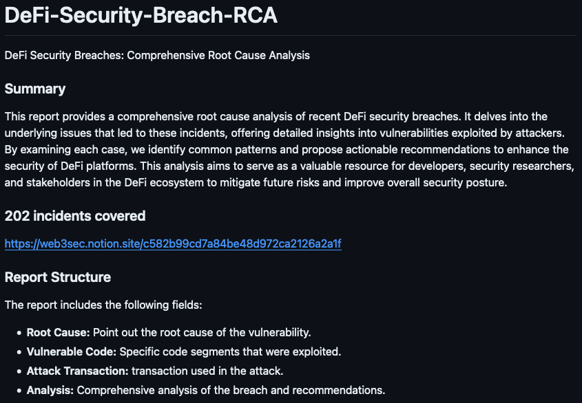 🔥We created a new repo DeFi-Security-Breach-RCA.

We are updating an additional 198 incidents up to June 2024, bringing the total to 400 incidents covered. 

We will also upload the raw data later. Contributors are welcome to join in indexing the database or design a website.
