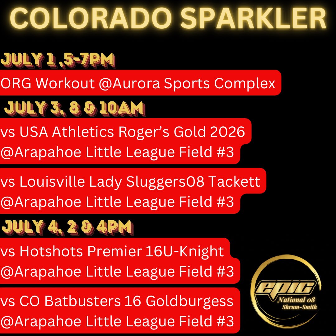July 1-7 We will be at the Colorado Sparkler playing in the 16U Supplemental Power Pool. <a href="/alliyah_shrum/">Alliyah Shrum</a> <a href="/ajtucker_2026/">Aleigh Tucker</a> <a href="/bellbells33/">Bella</a> <a href="/RaelynCrow27/">Raelyn Crow</a> <a href="/MadyVonfeldt/">Madison Vonfeldt</a> <a href="/allred_finlee/">Finlee Allred</a> <a href="/2026KeaganW/">Keagan Walker</a> <a href="/2026_MikaMonroe/">Mika monroe 2026</a> <a href="/TarynJones2026/">Taryn Jones</a> <a href="/leightonsills/">Leighton Sills</a> <a href="/Shelbyboyd2026/">2026.ShelbyBoyd</a> <a href="/Kensleyjade35/">Kensley rochelle</a> <a href="/Epic__SB/">Scotty Smith</a>