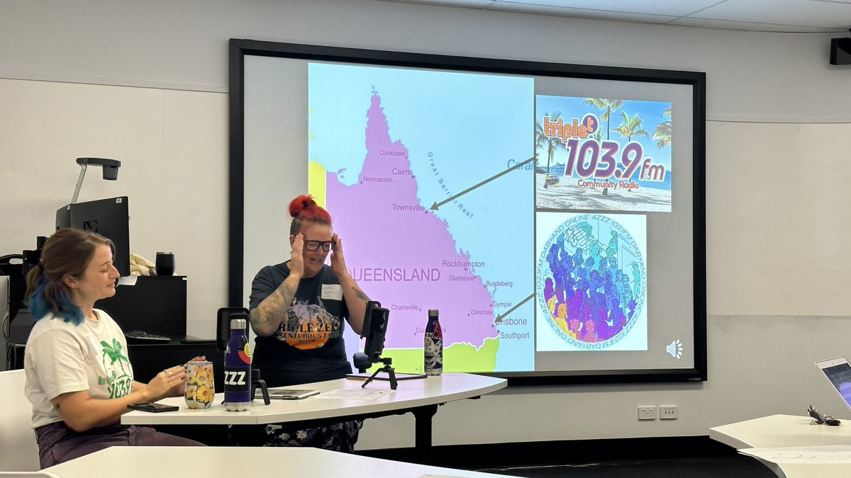TheSourceNews1's tweet photo. Snippets from @Griffith_Uni’s lovely professors Heather Anderson and Bridget Backahus’ presentation that left the panel giggling and thinking about women in community radio.

#CounterPowerRadio #ACAMConference https://t.co/MgZJdWUJee