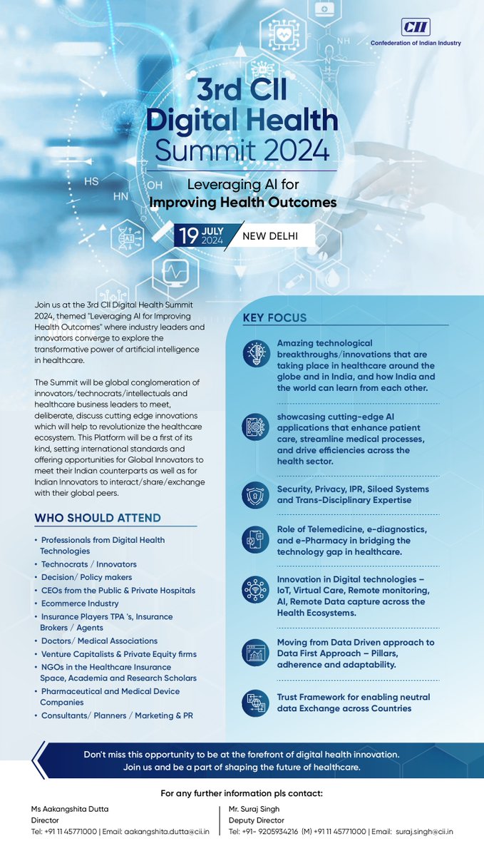 #CII4Health (@cii4health) on Twitter photo Join us at the 3rd CII Digital Health Summit 2024 on 19th July in New Delhi! 🌟 Explore the latest in digital #health #innovation. Don't miss out—register now! 👉 Register Here shorturl.at/kQmJO #CIIDigitalHealthSummit <a href="/FollowCII/">Confederation of Indian Industry</a> <a href="/AyushmanNHA/">National Health Authority (NHA)</a> <a href="/MoHFW_INDIA/">Ministry of Health</a> Join us at the 3rd CII Digital Health Summit 2024 on 19th July in New Delhi! 🌟 Explore the latest in digital #health #innovation. Don't miss out—register now! 👉 Register Here shorturl.at/kQmJO #CIIDigitalHealthSummit <a href="/FollowCII/">Confederation of Indian Industry</a> <a href="/AyushmanNHA/">National Health Authority (NHA)</a> <a href="/MoHFW_INDIA/">Ministry of Health</a>