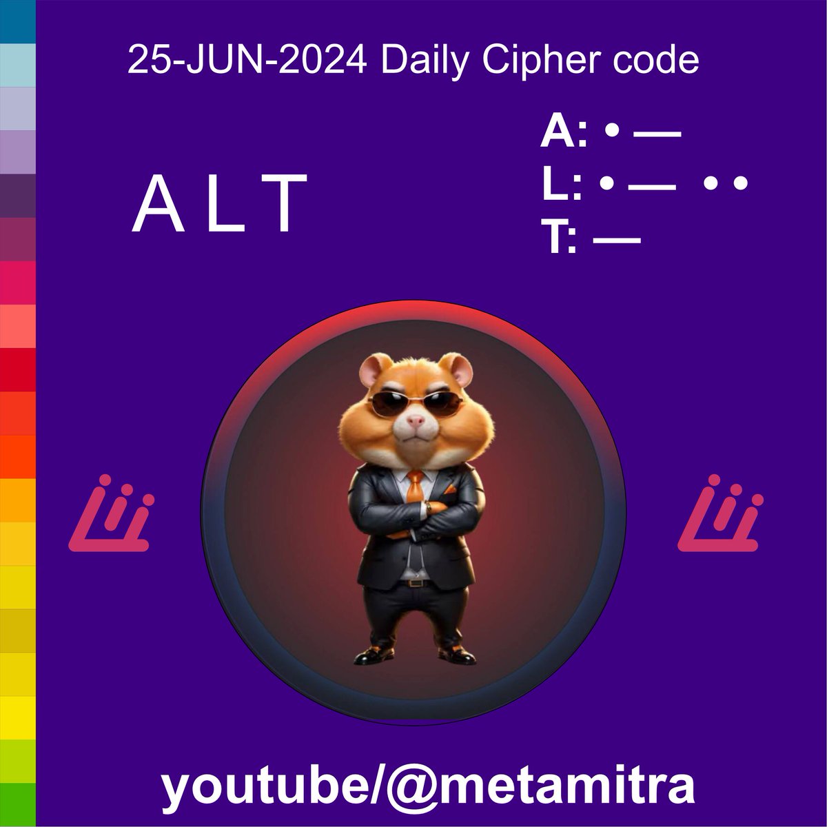 Ketan_Patell's tweet photo. Hamster Kombat Daily Cipher code of 25Jun
A: • —
L: • — • •
T: —
#hamsterkombat #hamster #hamstercombo #hamstercombocard #freeairdrop #freeairdrops #metamitra #hamsterkombatcombocard #hamsterkombatcombocards #hamsterkombatcombocardtoday #dailycipher #dailyciphercode https://t.co/QVINadRRaY
