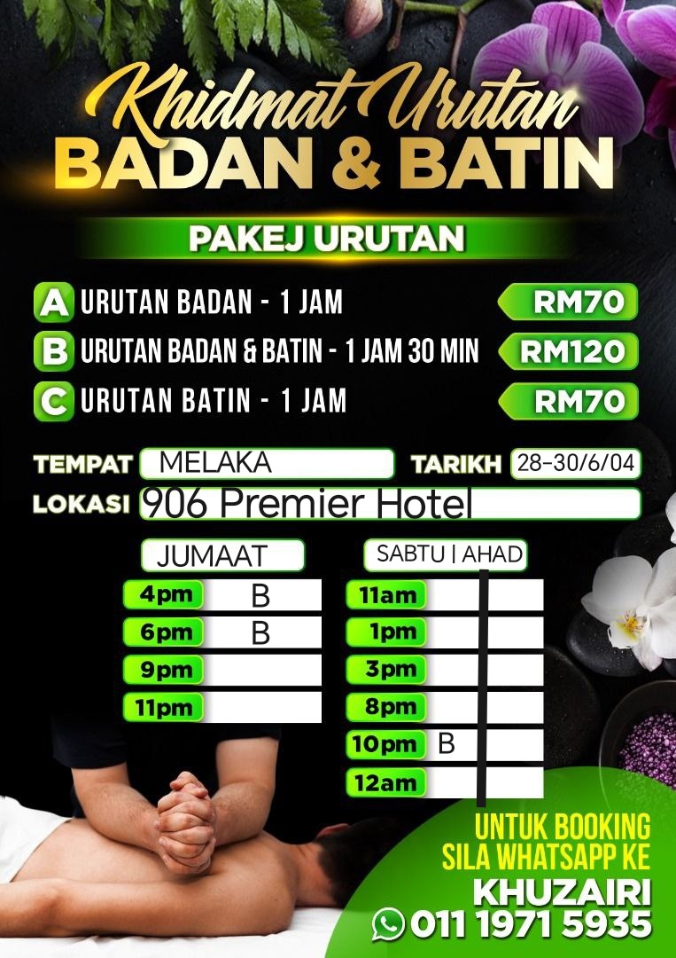 SLOT URUTAN DI MELAKA
28-30/6/2024 
UNTUK BOOKING SLOT URUTAN ANDA
SILA WHATSAPP 01119715935