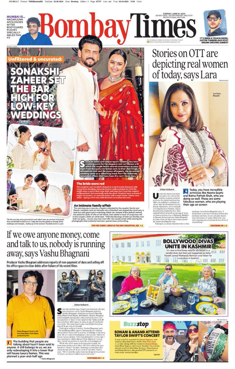 BombayTimes (@bombaytimes) on Twitter photo Today's P1: #SonakshiSinha and #ZaheerIqbal tie the knot followed by a star-studded wedding reception, <a href="/LaraDutta/">Lara Dutta Bhupathi</a> believes stories on OTT are depicting real women of today, #AshaParekh, #Helen and #WaheedaRehman take a trip to Kashmir
Read: bit.ly/3r0dVfE Today's P1: #SonakshiSinha and #ZaheerIqbal tie the knot followed by a star-studded wedding reception, <a href="/LaraDutta/">Lara Dutta Bhupathi</a> believes stories on OTT are depicting real women of today, #AshaParekh, #Helen and #WaheedaRehman take a trip to Kashmir
Read: bit.ly/3r0dVfE