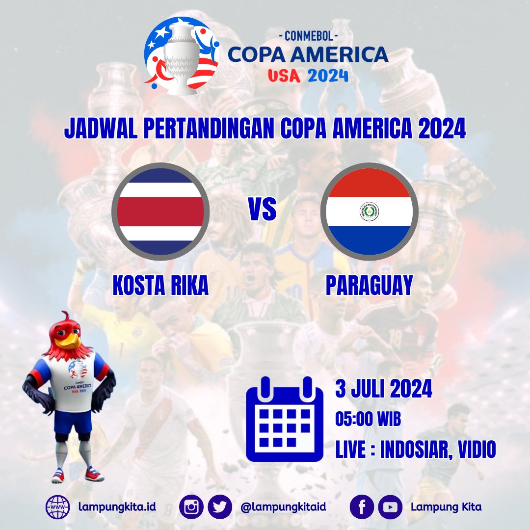 Jadwal Copa America 2024

Kosta Rika vs Paraguay

3 Juli 2024 (05:00)

Live  Indosiar &amp; Vidio

#copaamerica2024
#football
#sepakbola
#kururio
#kururiobdl
#bandarlampung
