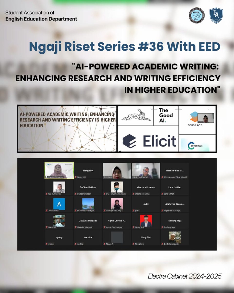 aboutSAEED's tweet photo. [PRESS RELEASE-NGAJI RISET WITH EED #36]

On Friday, 17 May 2024 - The English Education Department organized an event Ngaji Riset with the theme "AI Powered Academic Writing: Enhancing Research and Writing Effeciency in Higher Education" https://t.co/dX8u9jziSc