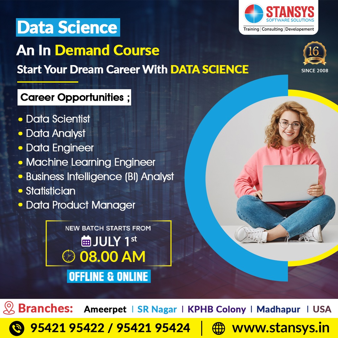 Stansys_SAS's tweet image. Stansys offers an in-demand course for data science professionals, equipping them with skills for high-demand roles.
Join Us Now: 95421 95422 / 95421 95424.
Visit:stansys.in
 #datascience #datascientist  #stansyssoftwaresolutions #stansys #srnagar #hyderabad