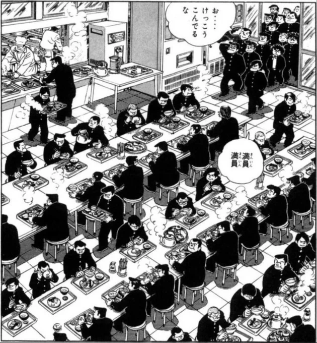 大盛況の食堂。一つ一つの食器や食べ物を細かく書き込むのが、ちばてつやの真骨頂です。 