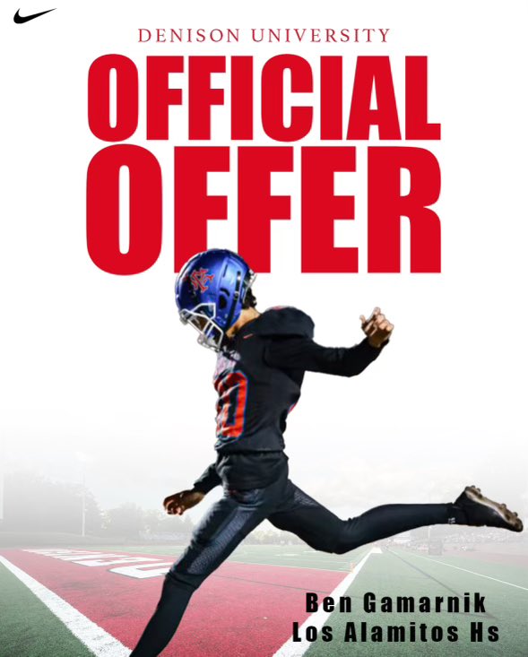 benjigamarnik's tweet photo. After great conversations with @coachhatem and @CoachKJarrett I am grateful to announce that I’ve received a scholarship offer from Denison university! @CSKRECRUITING @LosAlFootball https://t.co/4hDmhdyJKZ