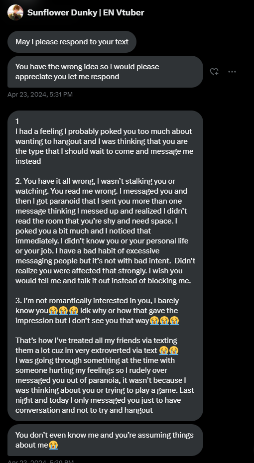 RaizoShiki's tweet photo. Attention VTubers:

Please steer clear of @/SunflowerDunky. This individual has persistently harassed me and several other VTubers, creating discomfort in our interactions. He demonstrates a lack of boundaries and behaves immaturely. Let me spill the tea with these screenshots. https://t.co/RtKBS1JQY5