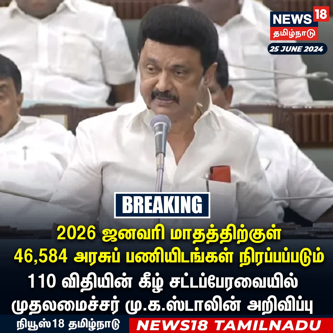 News18TamilNadu's tweet photo. #JUSTIN 2026 ஜனவரி மாதத்திற்குள் 46,584 அரசுப் பணியிடங்கள் நிரப்பப்படும்: 
110 விதியின் கீழ் சட்டப்பேரவையில் முதலமைச்சர் மு.க.ஸ்டாலின் அறிவிப்பு
#MKStalin #Article110 #Governmentjobs #News18Tamilnadu | https://t.co/3v5L32pe7b https://t.co/1iH8GT0HVI
