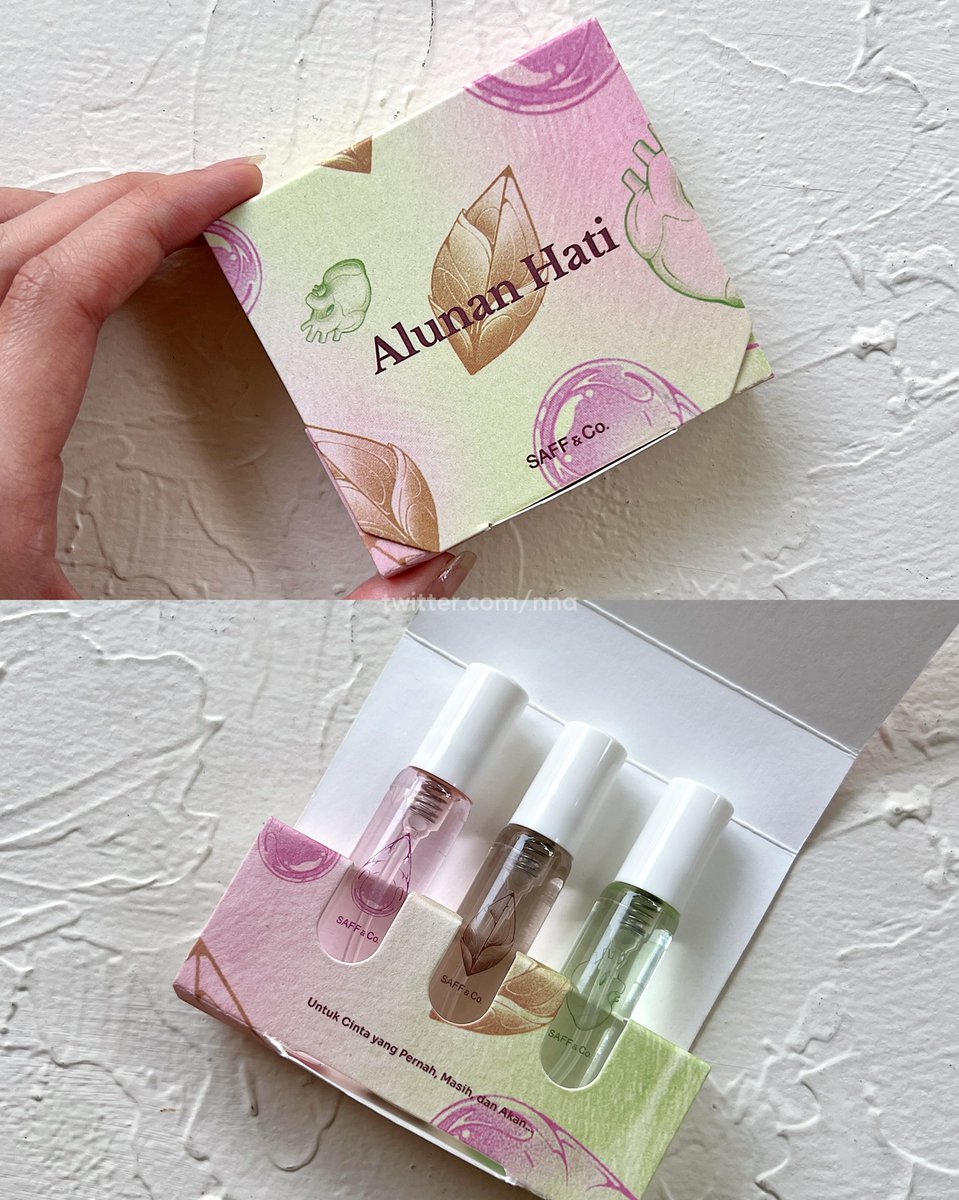 nna's tweet photo. from this                          to this
sbnrnya aku udah experience discovery setnya dr bulan lalu. pas pertama kali liat, kaget bgt, tumbenan packaging SAFF &amp; Co. ga all black 👀

yaampun aku ga nyangka full size packaging body mistnya segemes ini loh 🤣 #racuninparfum https://t.co/5EW9iYXLRN