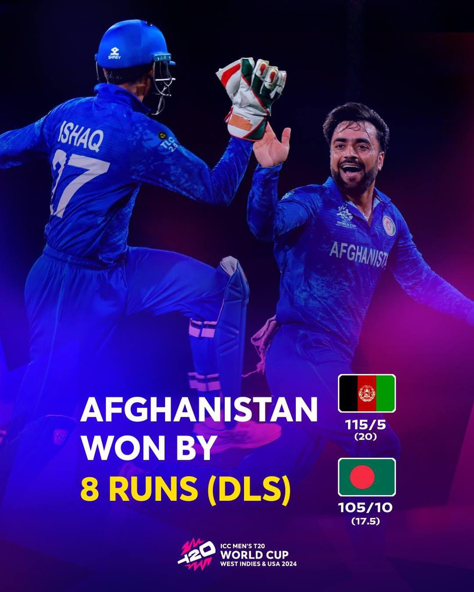 History is made! 🎉🎉🎊

Afghanistan are in semi-finals for the first time ever, and Australia is heading back to their home.

What a game! 
What a thriller! 
#T20WC2024 
  #AFGvsBAN