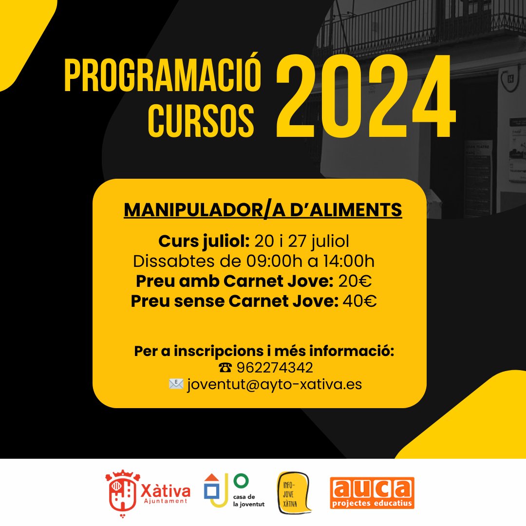 🥦 Xàtiva ofereix un curs de manipulador/a d’aliments dirigit a persones joves.

➡️ El curs tindrà lloc els dies 20 i 27 de juliol de 9.00 a 14.00 h.

➕ tinyurl.com/muwtmchh