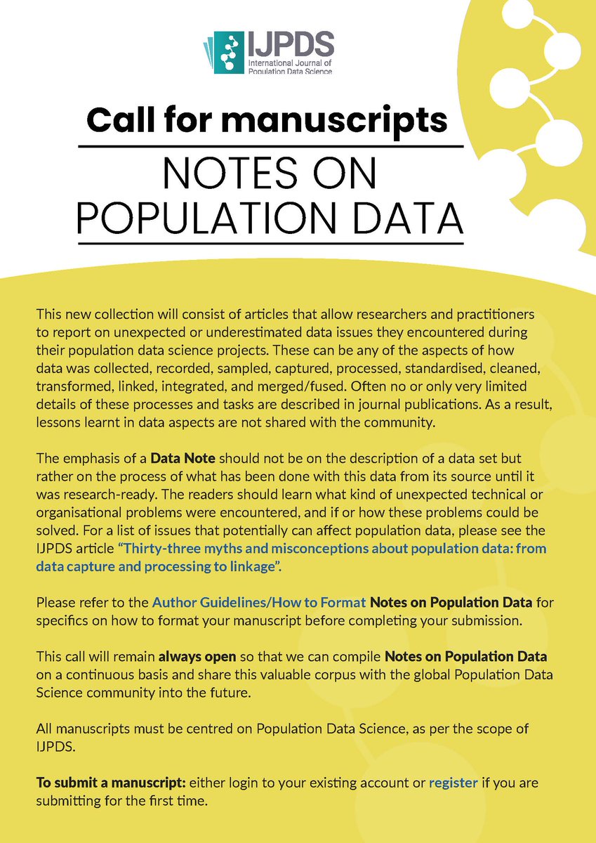 IJPDS's tweet photo. When collecting, recording, sampling, processing, cleaning, linking, merging data, many unexpected or underestimated issues are encountered in population data science projects
Now you can publish your findings in 'Notes on Population Data'!
https://t.co/InAClYHKf0
#DataNote https://t.co/68SPSoBu8y