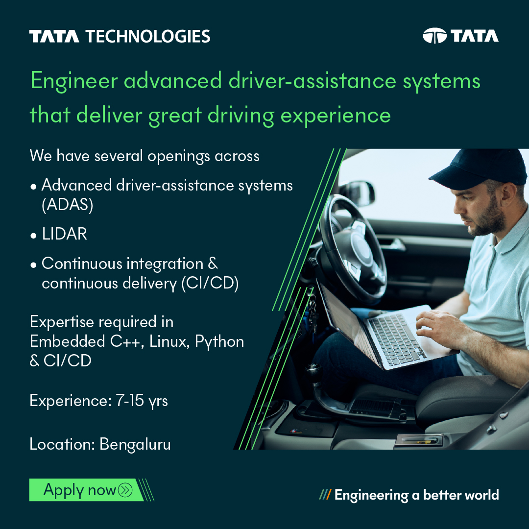 TataTech_News's tweet image. #HiringNow - Tata Technologies is collaborating with leading global #OEMs &amp;amp; Tier 1 suppliers to pioneer next-gen #EmbeddedSoftware and #ADAS solutions that revolutionize driving safety. We&apos;re seeking talented ADAS specialists to join our innovative team in Bengaluru! Are you…